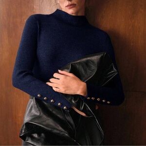 Elegant Navy. Blue High Neck Button Sleeves Sweater